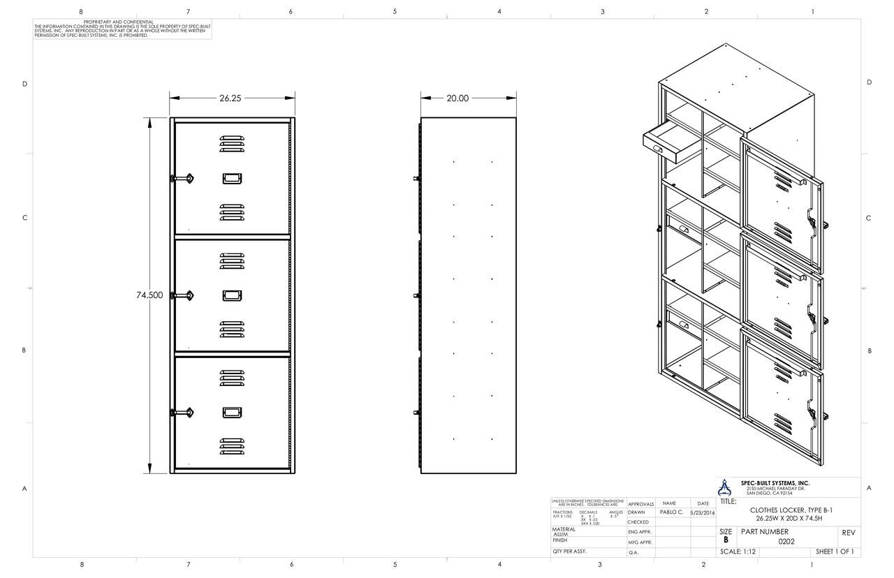 Technical drawing of a three-drawer storage cabinet, showing front, side, and isometric views with dimensions, and hardware details.
