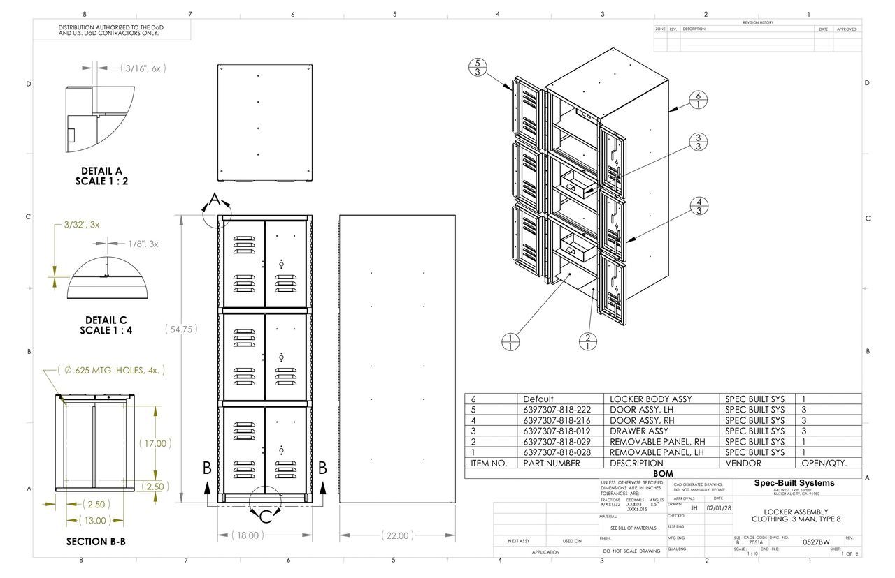 Architectural drawing of a tall cabinet with multiple drawers, presented in several views: elevation, section, and 3D perspective. Includes a table listing the cabinet parts.