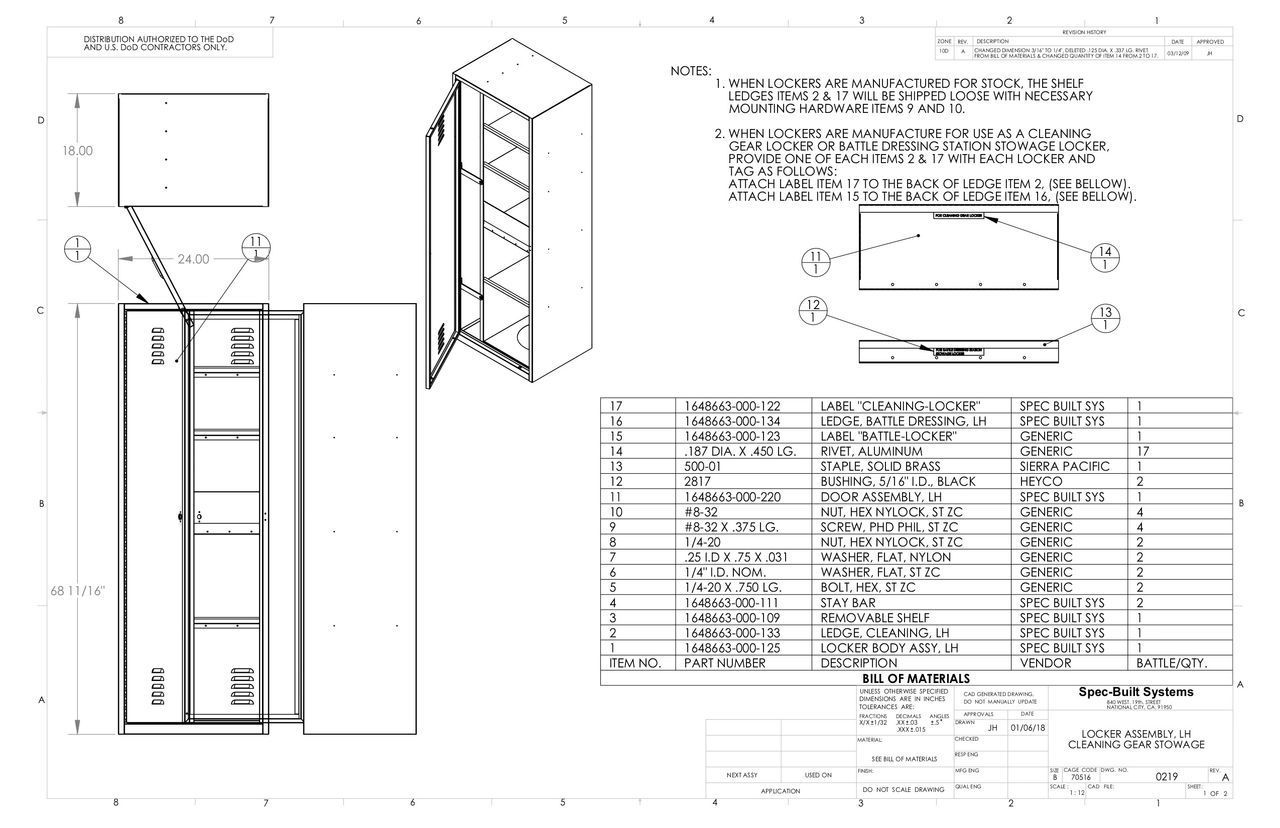 A cabinet blueprint with multiple views, including a front, side, and exploded view. Parts list and dimensions are also included.
