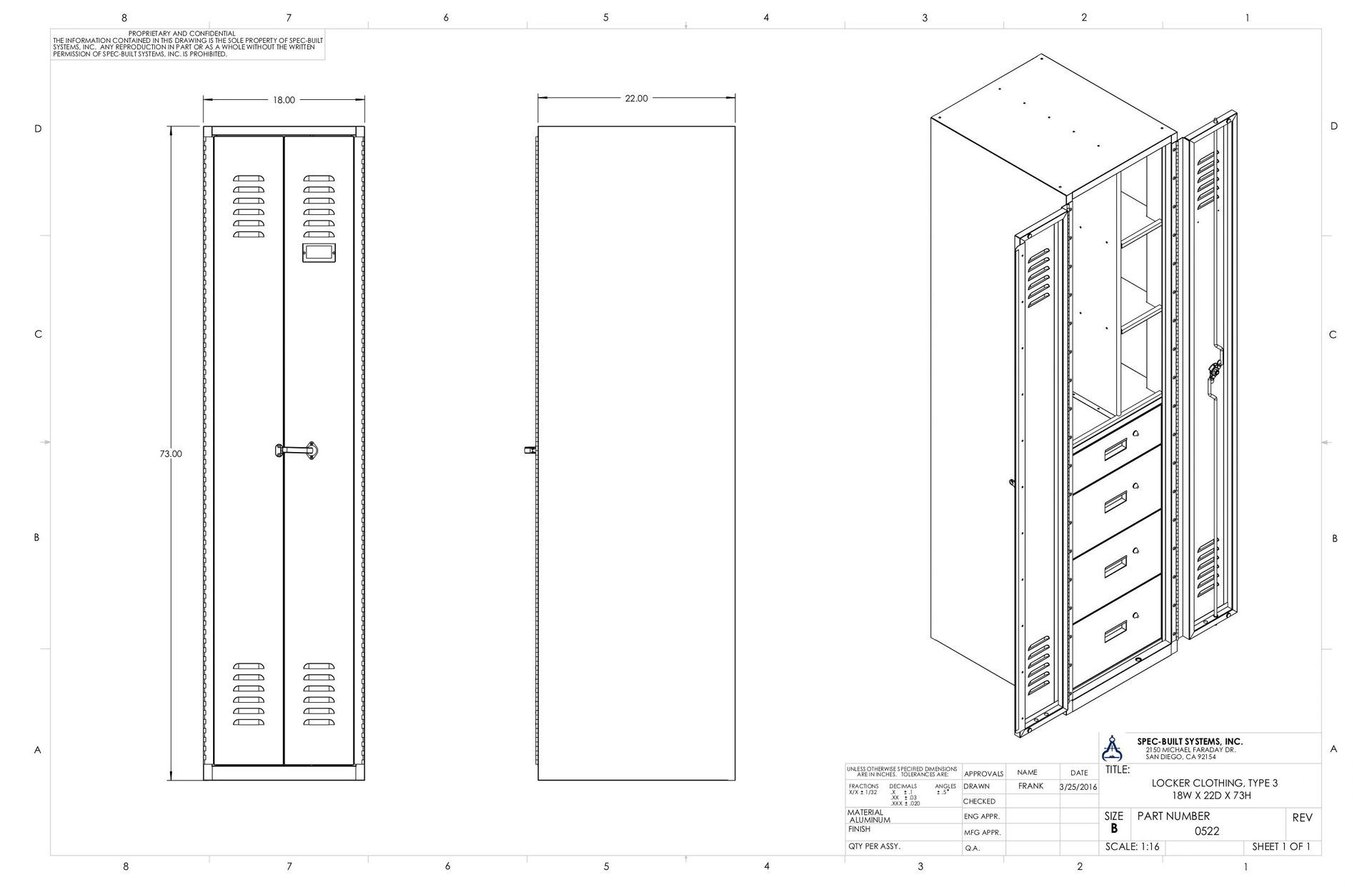 Blueprint of a tall metal locker with two doors, showing front, side, and isometric views. Dimensions are marked on the side view.