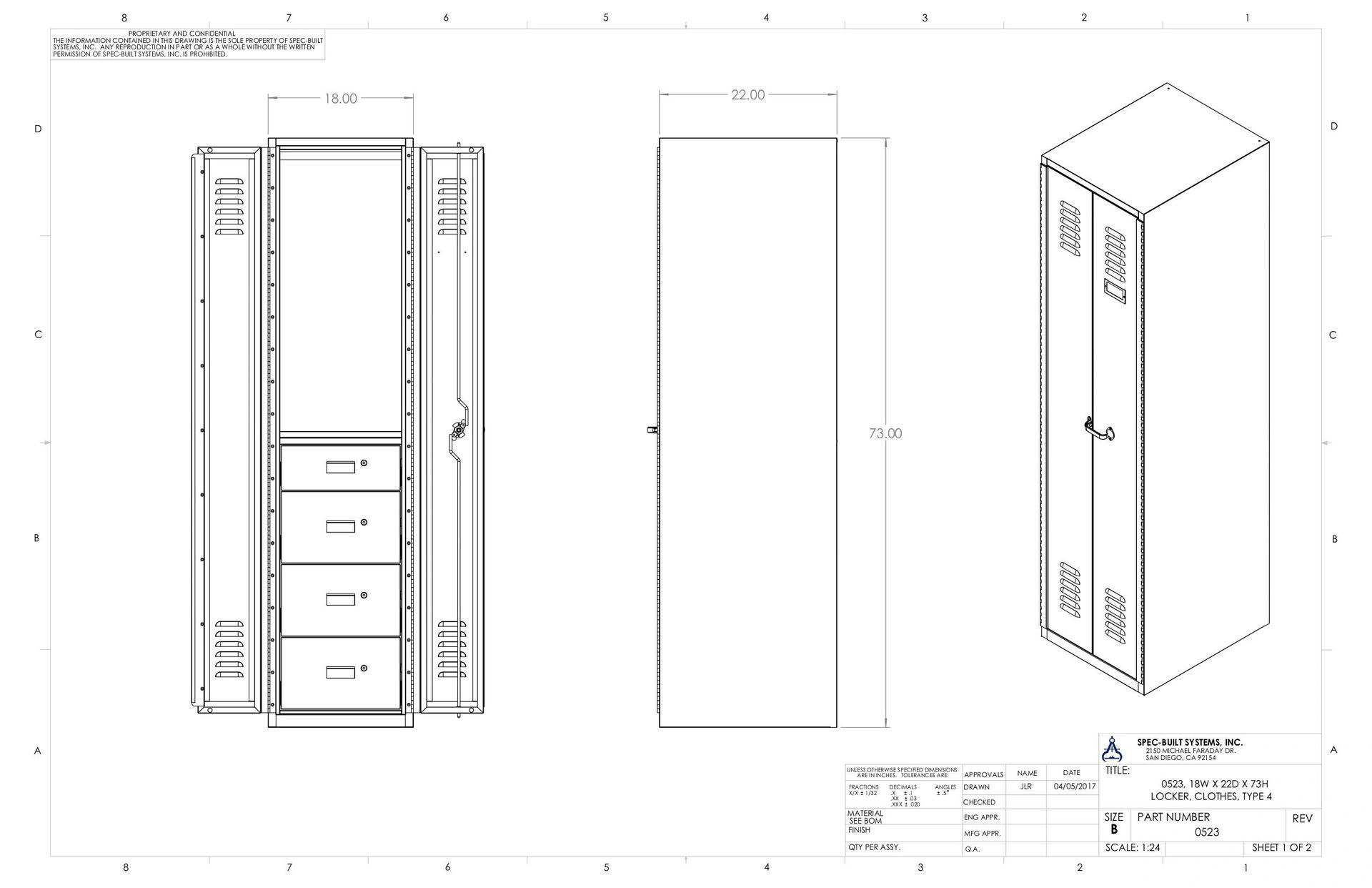 Three views of a cabinet: front, side, and isometric. Front view shows drawers and doors. Side view has height dimension.
