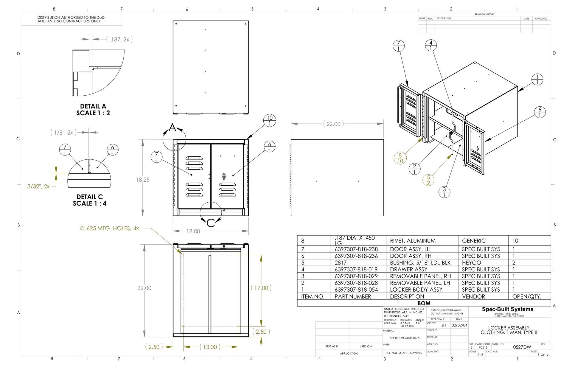 A technical drawing of an electronic enclosure with multiple views, dimensions, and a parts list.