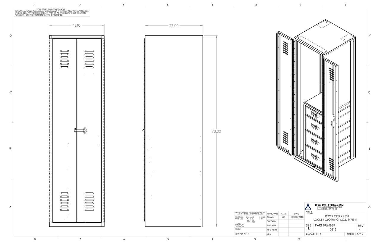 Diagram of a tall cabinet in three views: closed front, side, and open with shelves.  Dimensions are labeled.