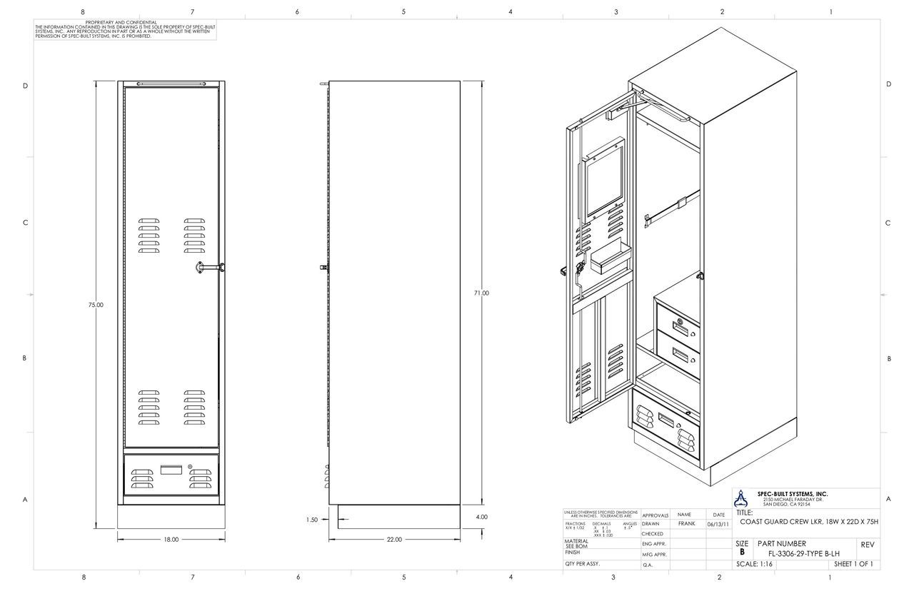 Technical drawing of a tall cabinet with doors, showing front, side, and isometric views. Details include door handles, internal shelves, and dimensions.
