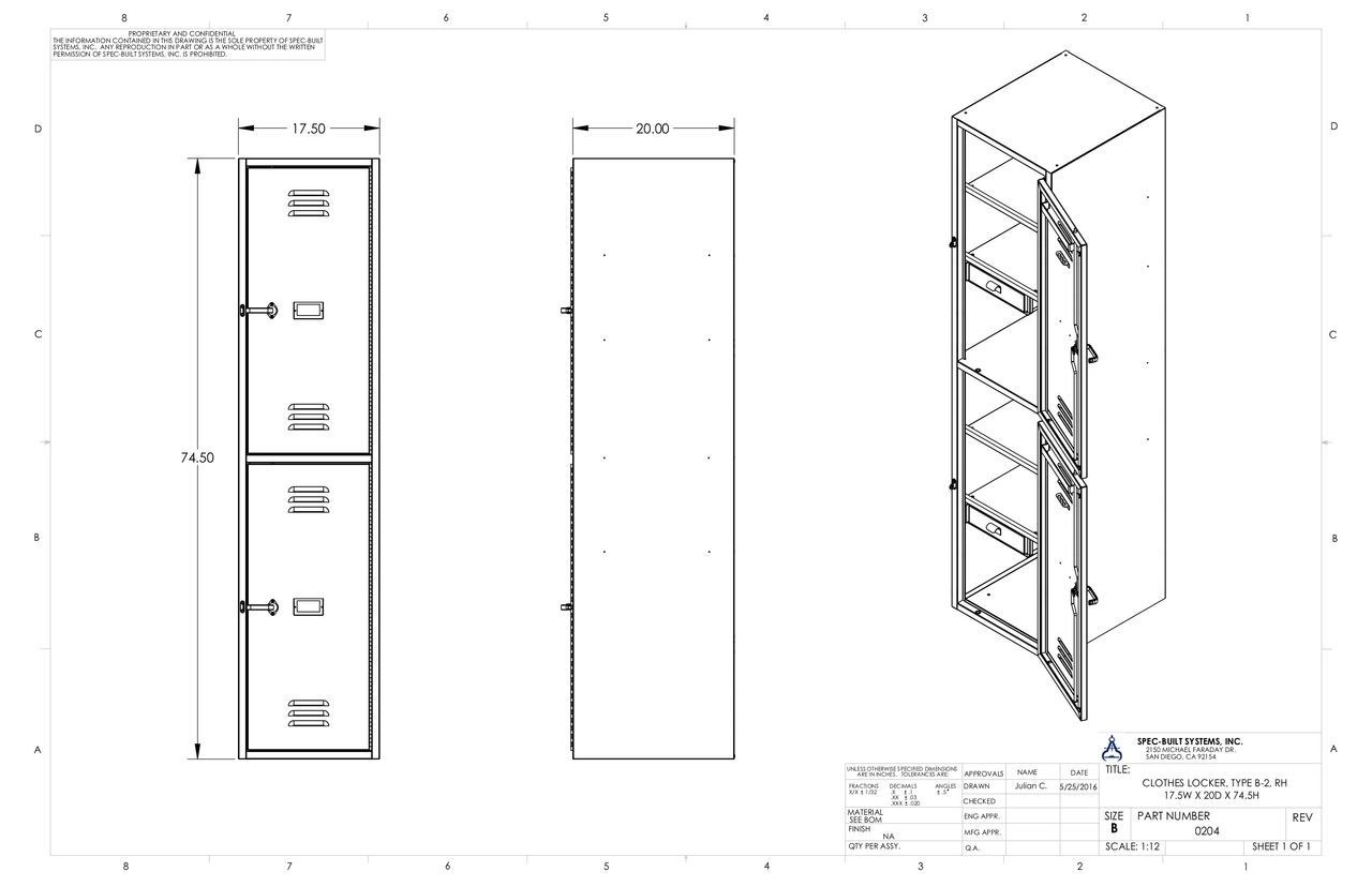 A blueprint of a tall cabinet with four drawers, a side view, and an isometric view of the open cabinet with shelves.