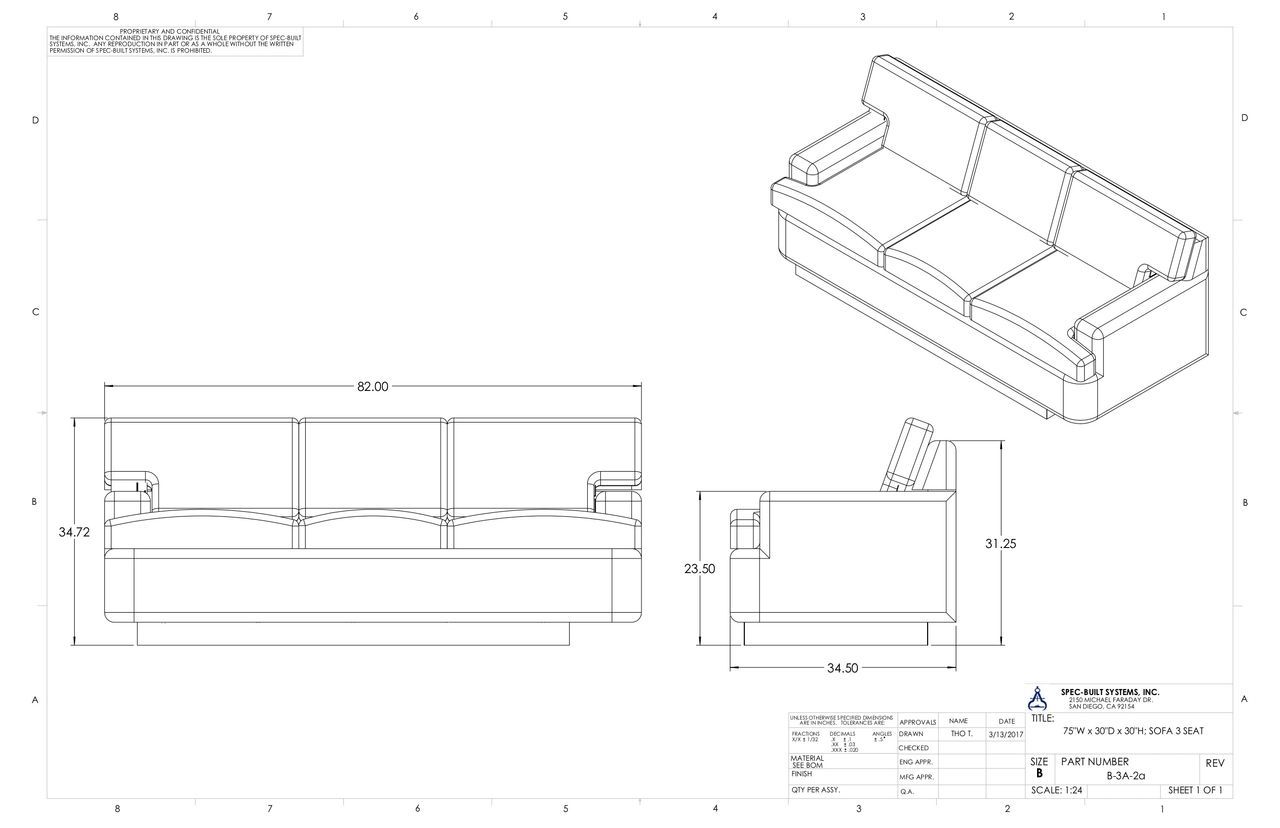 Technical drawing of a three-seat sofa with front, side, and isometric views, including dimensions.