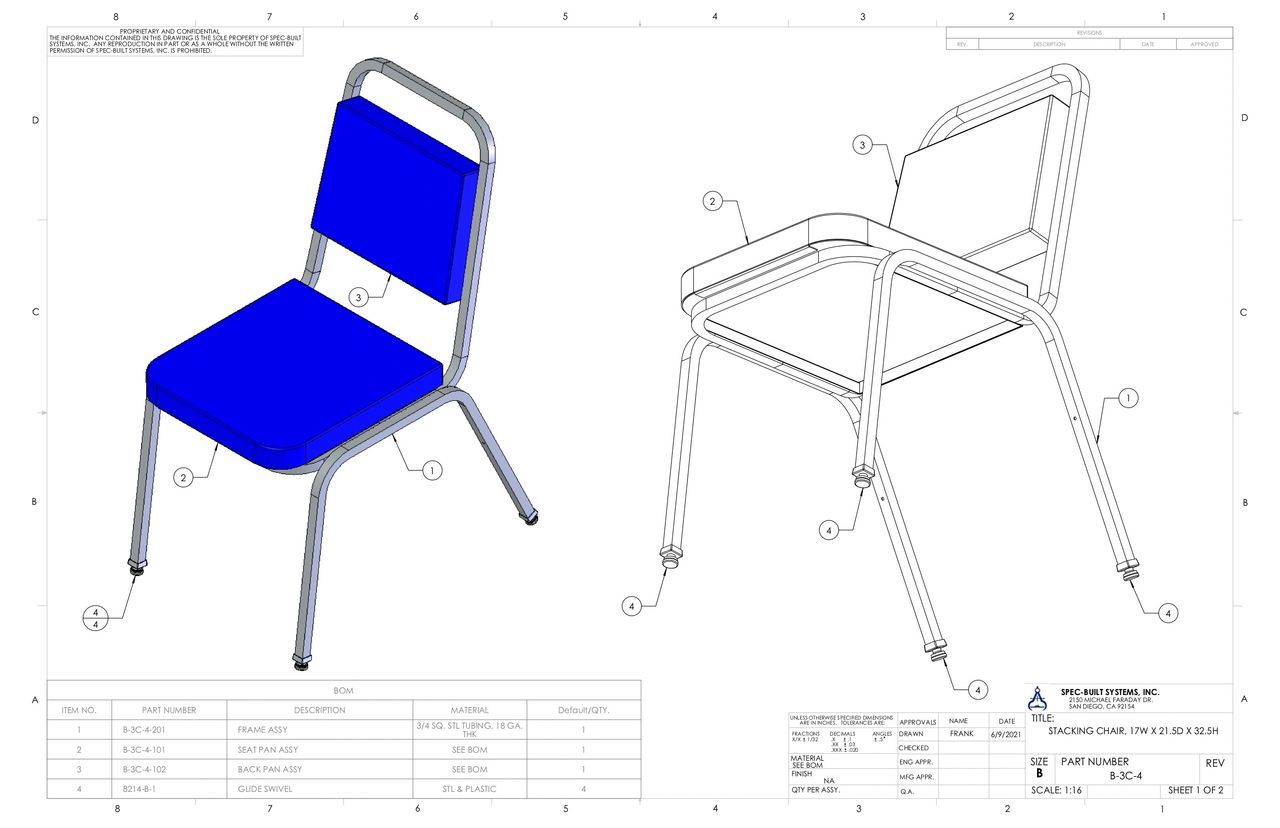 A blueprint and an illustration of a blue upholstered metal chair. The blueprint depicts its parts.