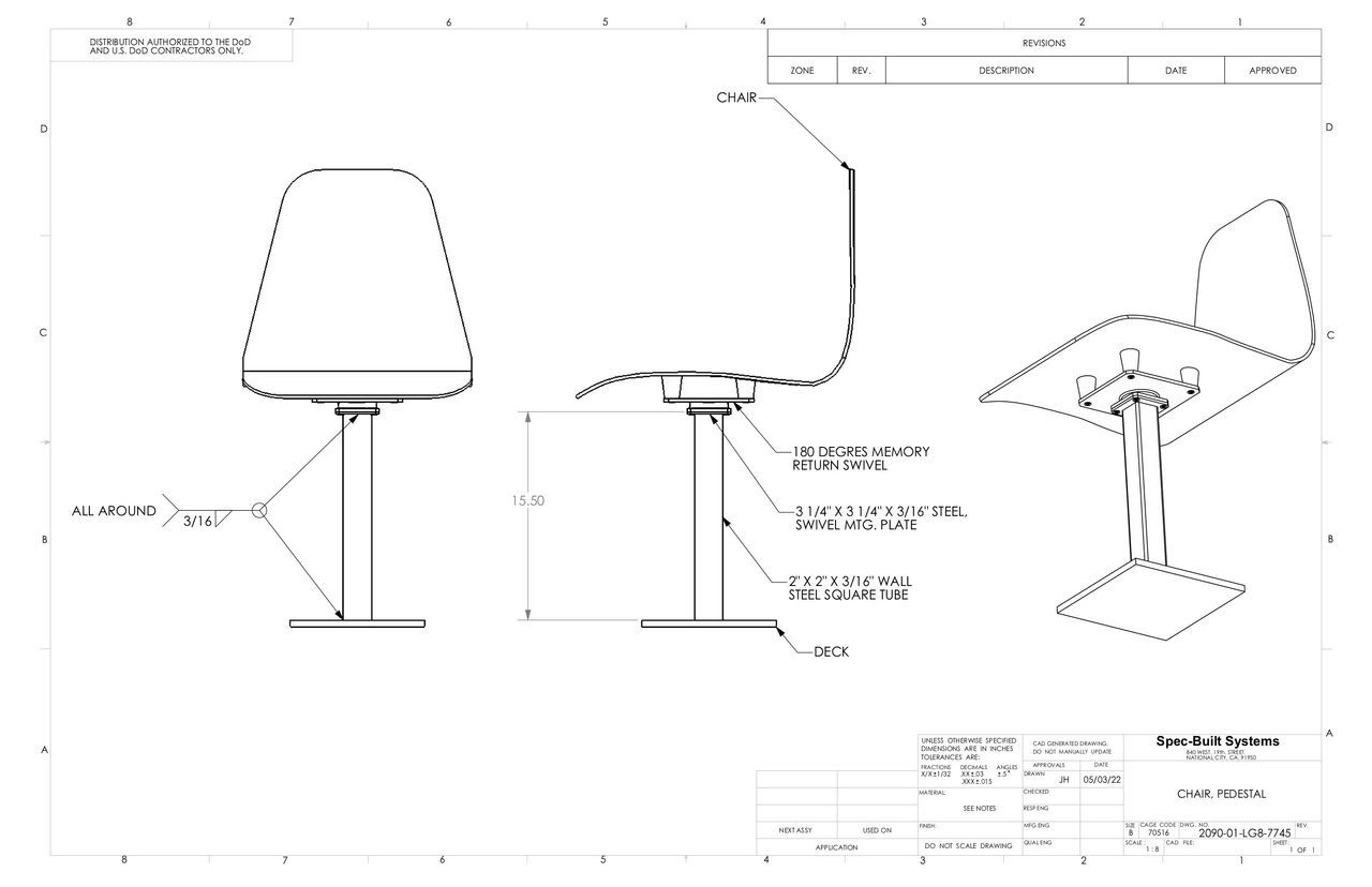 Technical drawing of a modern chair, showing front, side, and isometric views with dimensions and labels for manufacturing.