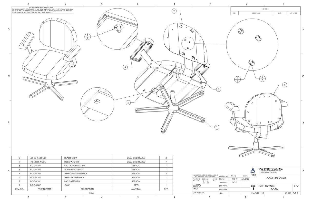 Exploded diagram of an office chair, showing its components and assembly instructions. Detailed view includes screws and base.