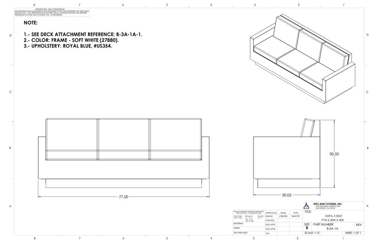 A blueprint showing a three-cushion sofa, with top, side, and isometric views, and dimensions.