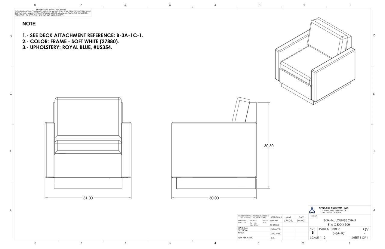 Architectural drawing of a modern armchair, featuring front, side, and isometric views with dimensions.