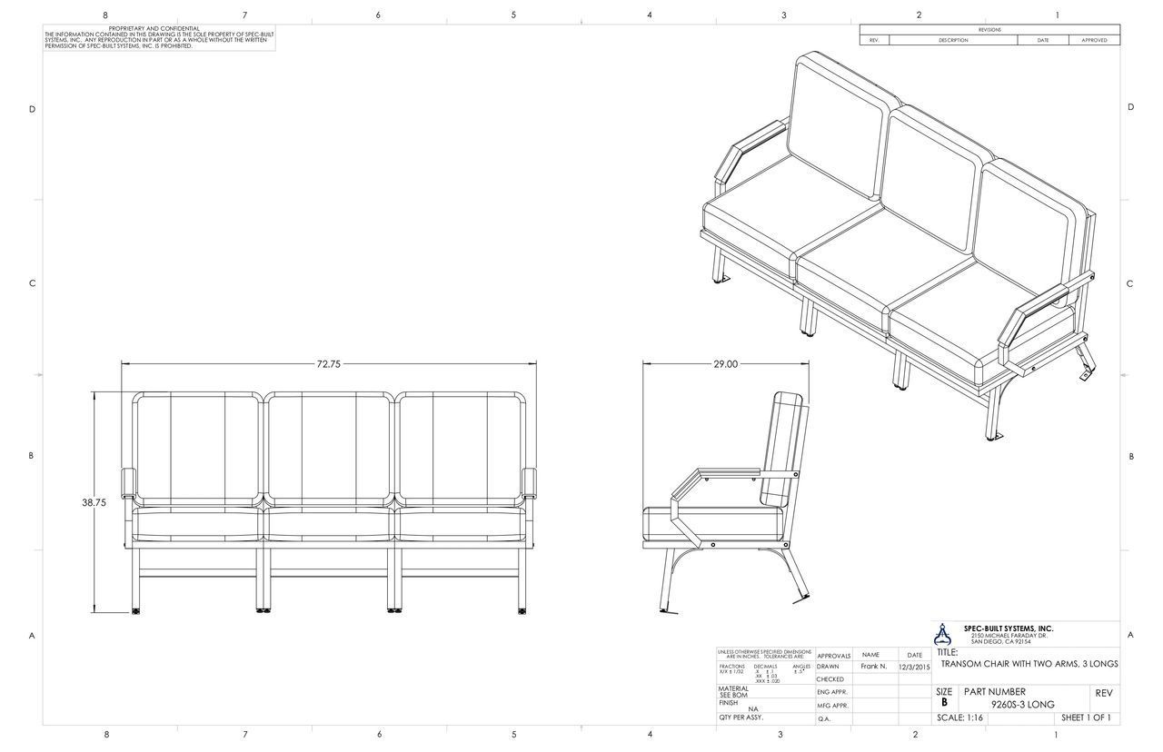 Detailed technical drawing of a three-seat bench with measurements, including front, side, and 3D views.