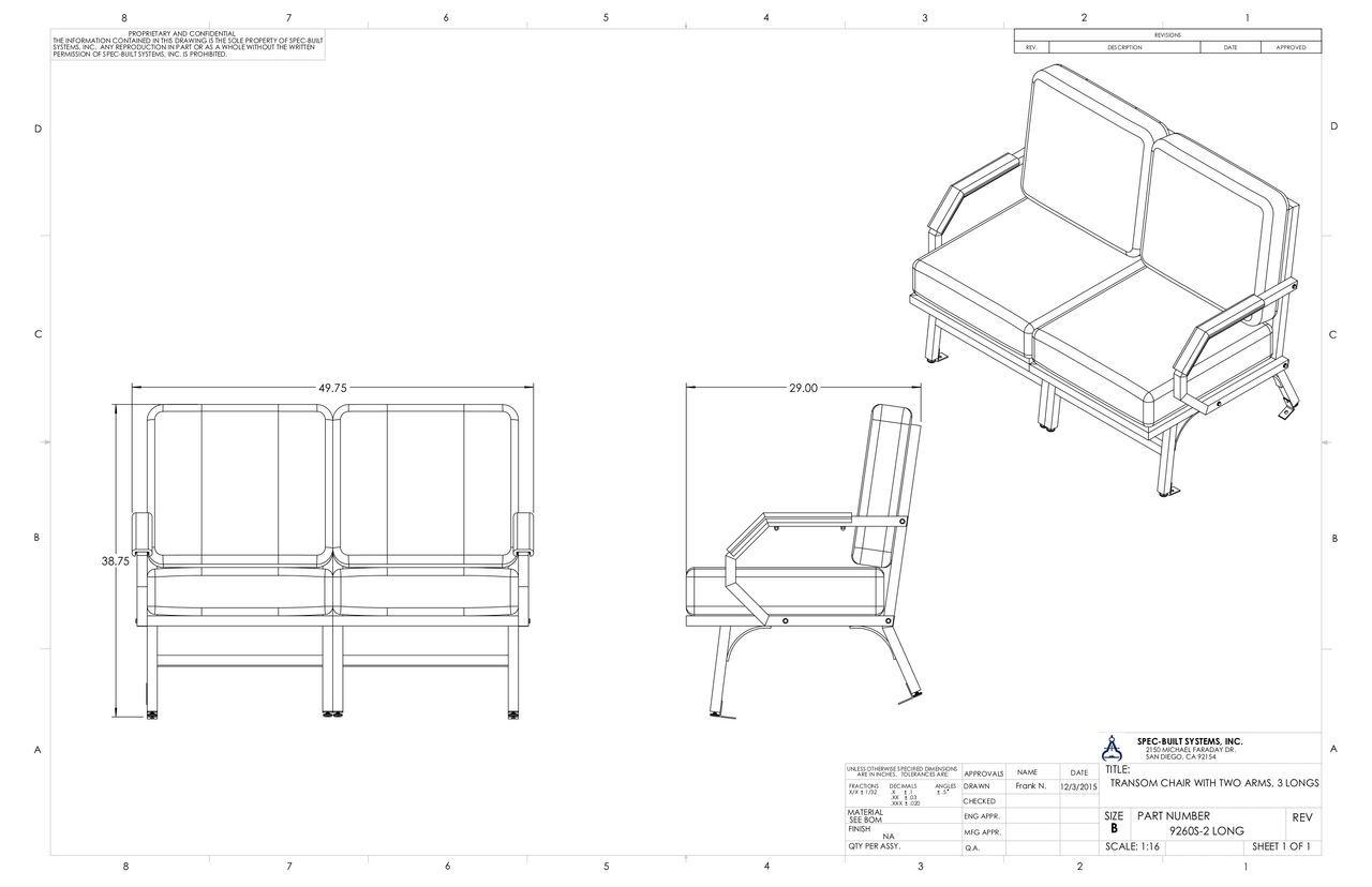 A technical drawing of a two-seat outdoor loveseat, showing front, side, and isometric views with dimensions and labels.