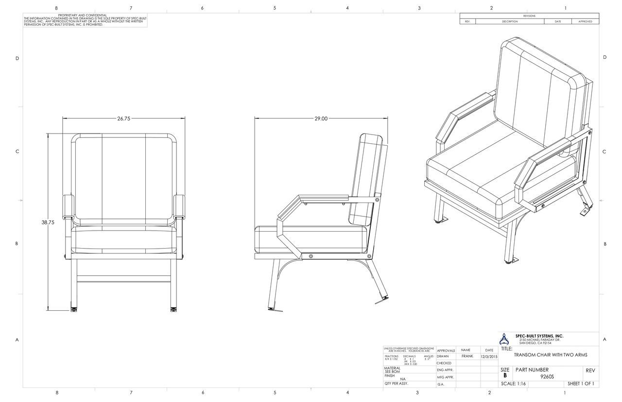 Diagram of an armchair in three views: front, side, and isometric. The chair has a rectangular seat and back, with armrests and a metal frame.