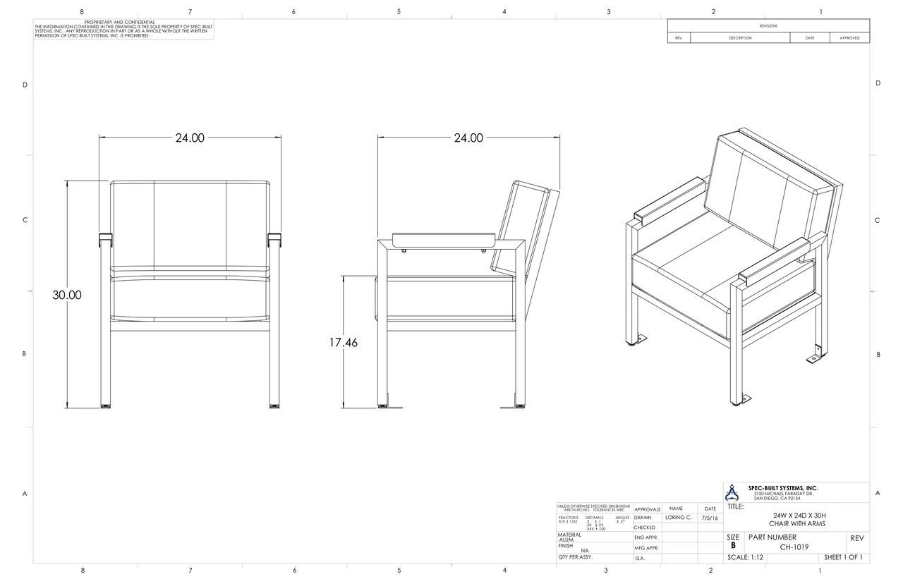 Blueprint of a modern armchair with front, side, and isometric views, displaying dimensions and construction details.