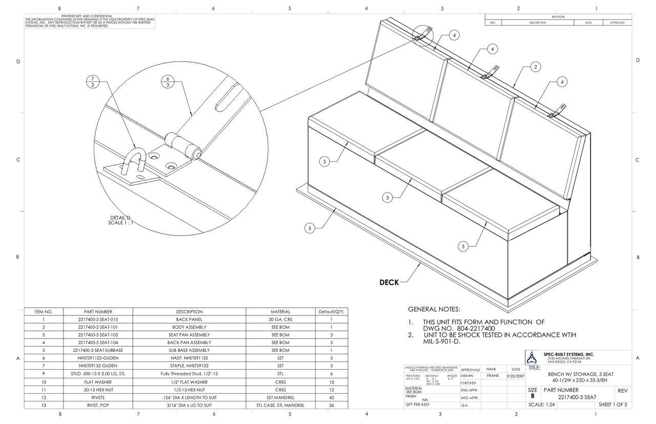 Isometric view of a wooden storage bench with three hinged lids and detailed view of a hinge attachment. A parts list is included.