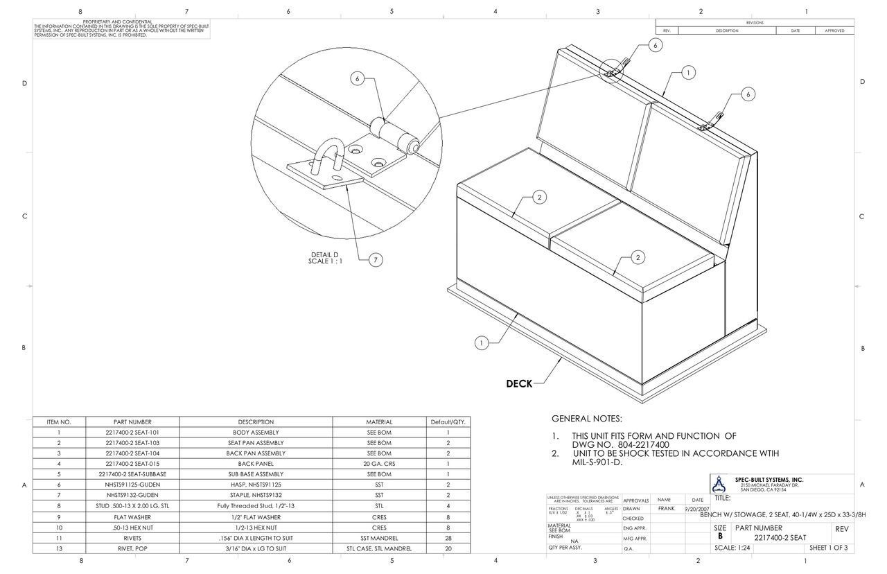 Engineering drawing of a two-compartment storage unit with a seat back, and a close-up detail of a fastener.