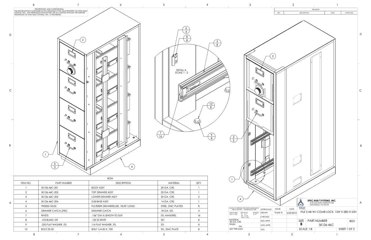 Isometric view of a cabinet with three drawers, along with a close-up view of internal components and a parts list table.
