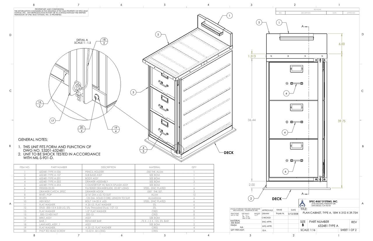 Technical drawing of a four-drawer filing cabinet with isometric and front views, detailed dimensions, and parts list.