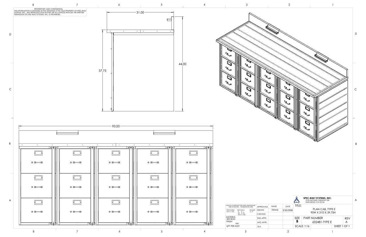 Technical drawing of a cabinet with multiple drawers, including top, front, and side views with dimensions.