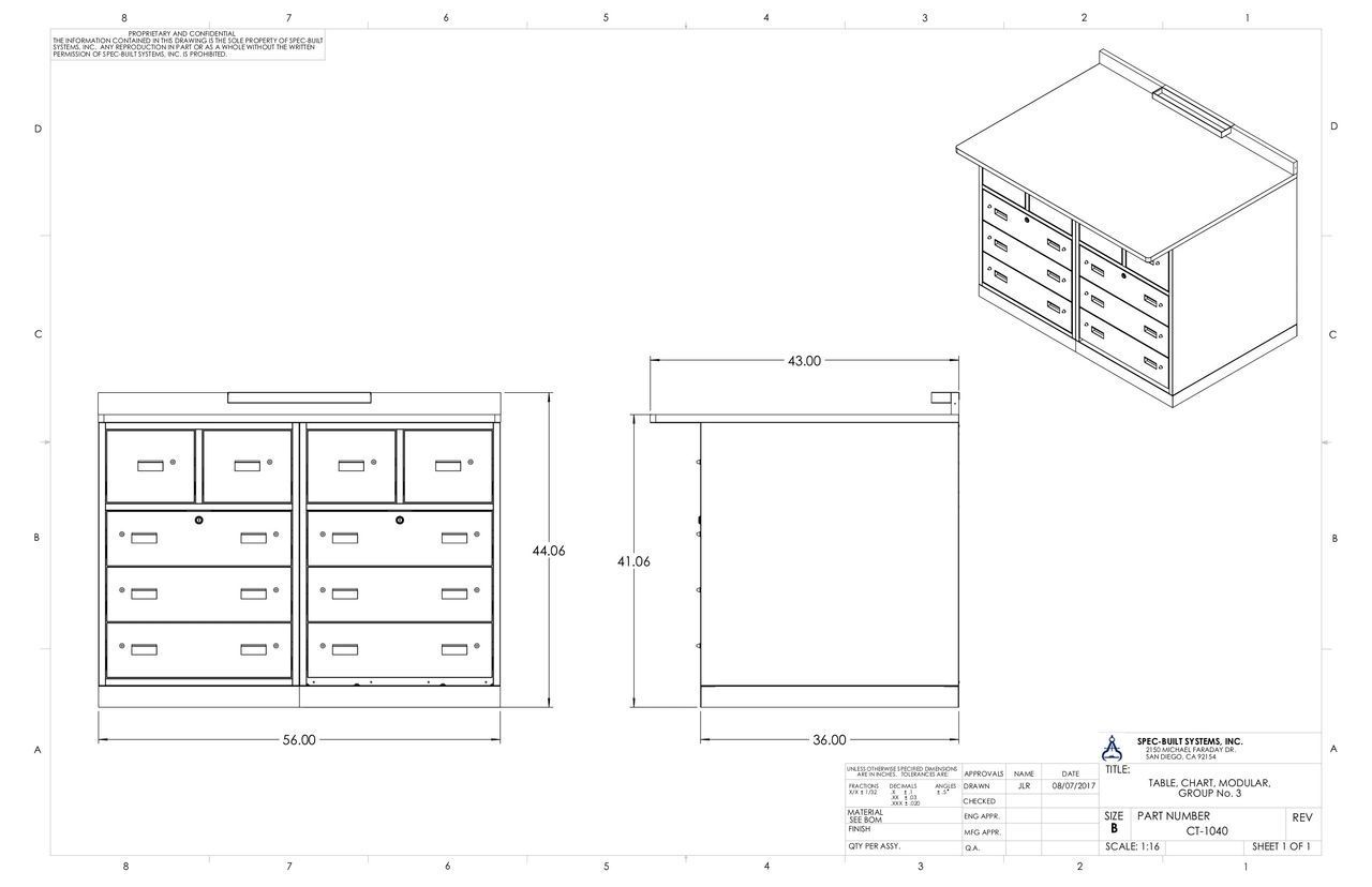 Blueprint of a six-drawer cabinet showing front, side, and isometric views with dimensions. The design is a box-like structure with drawers.