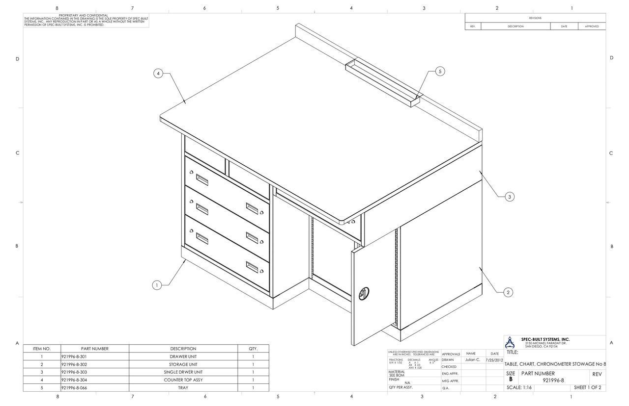 Isometric drawing of a desk with drawers, a cabinet, and a raised ledge along the back.