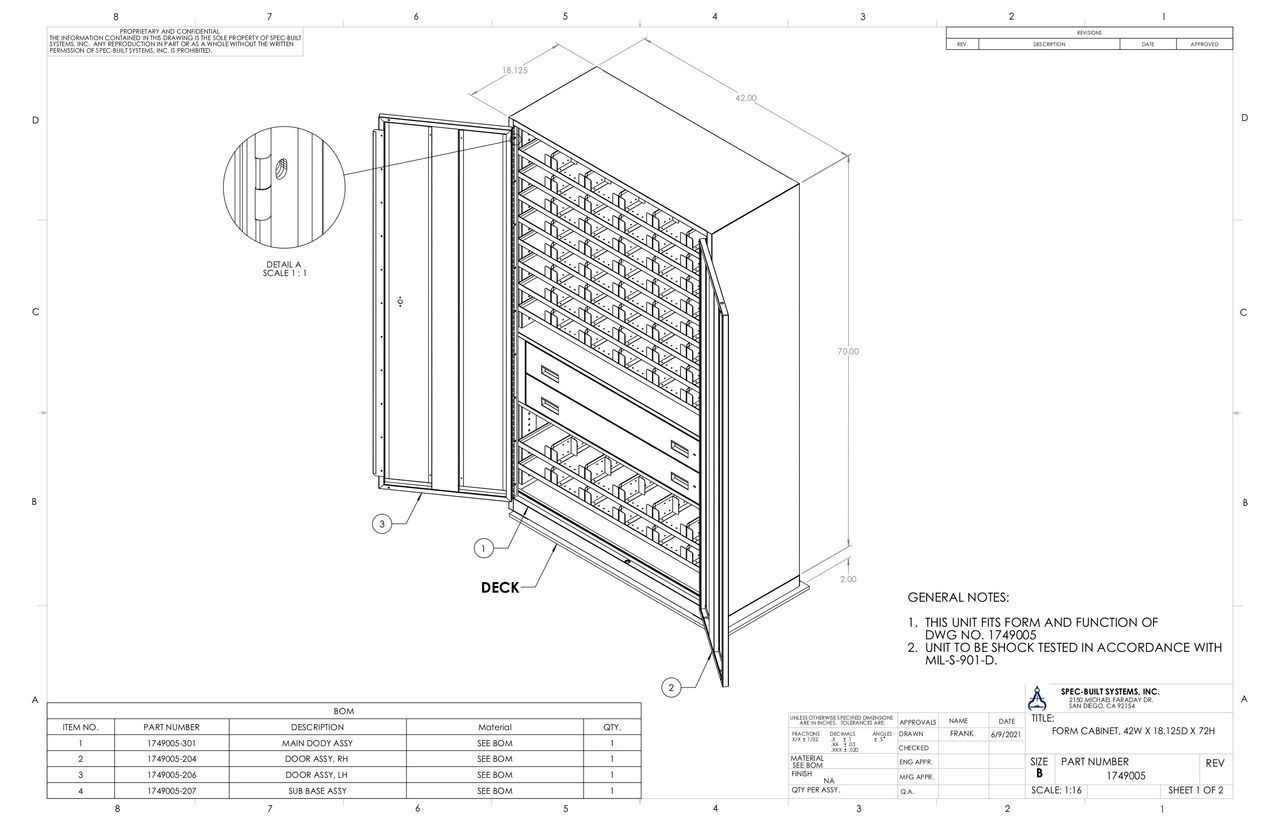 Isometric technical drawing of a cabinet with an open door, revealing multiple shelves and compartments. The drawing contains detailed measurements and annotations.