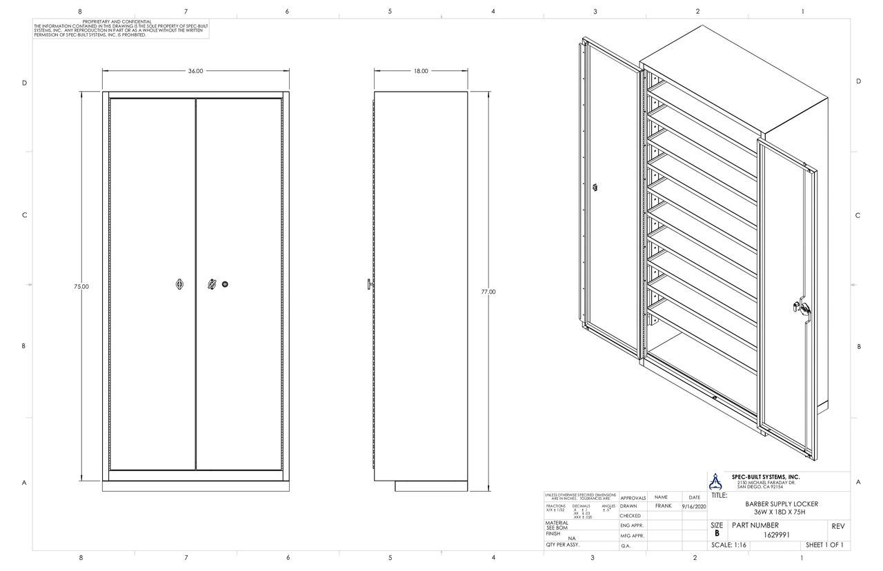 Three-view technical drawing of a tall cabinet with two doors and interior shelves, including front, side, and isometric views.