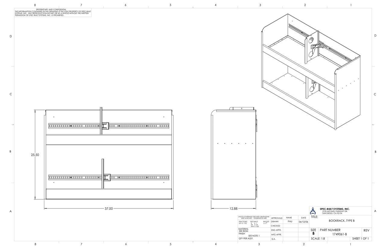 Blueprint of a cabinet with three views: top, side, and isometric. The cabinet is rectangular with two shelves and internal dividers.