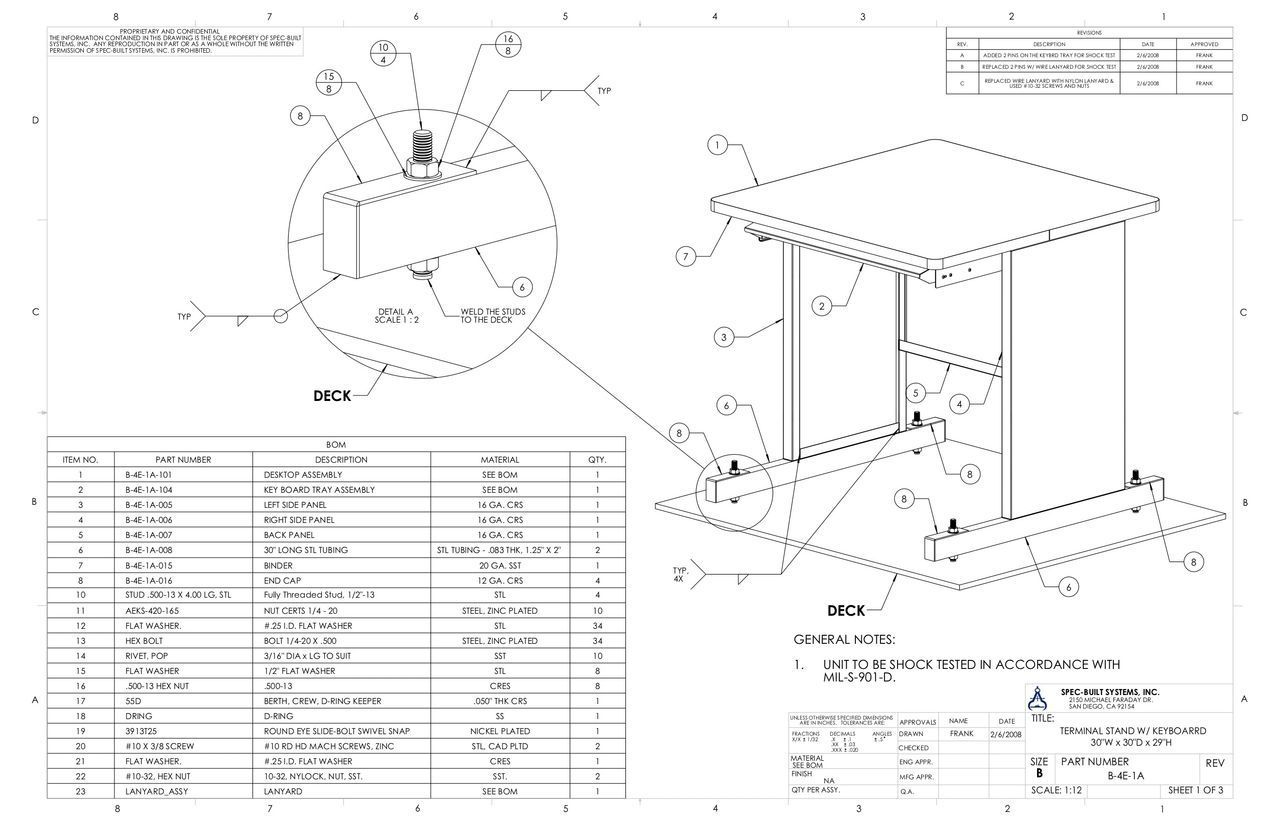 Engineering drawing of a metal table with attached components, featuring a detailed close-up view and a parts list.