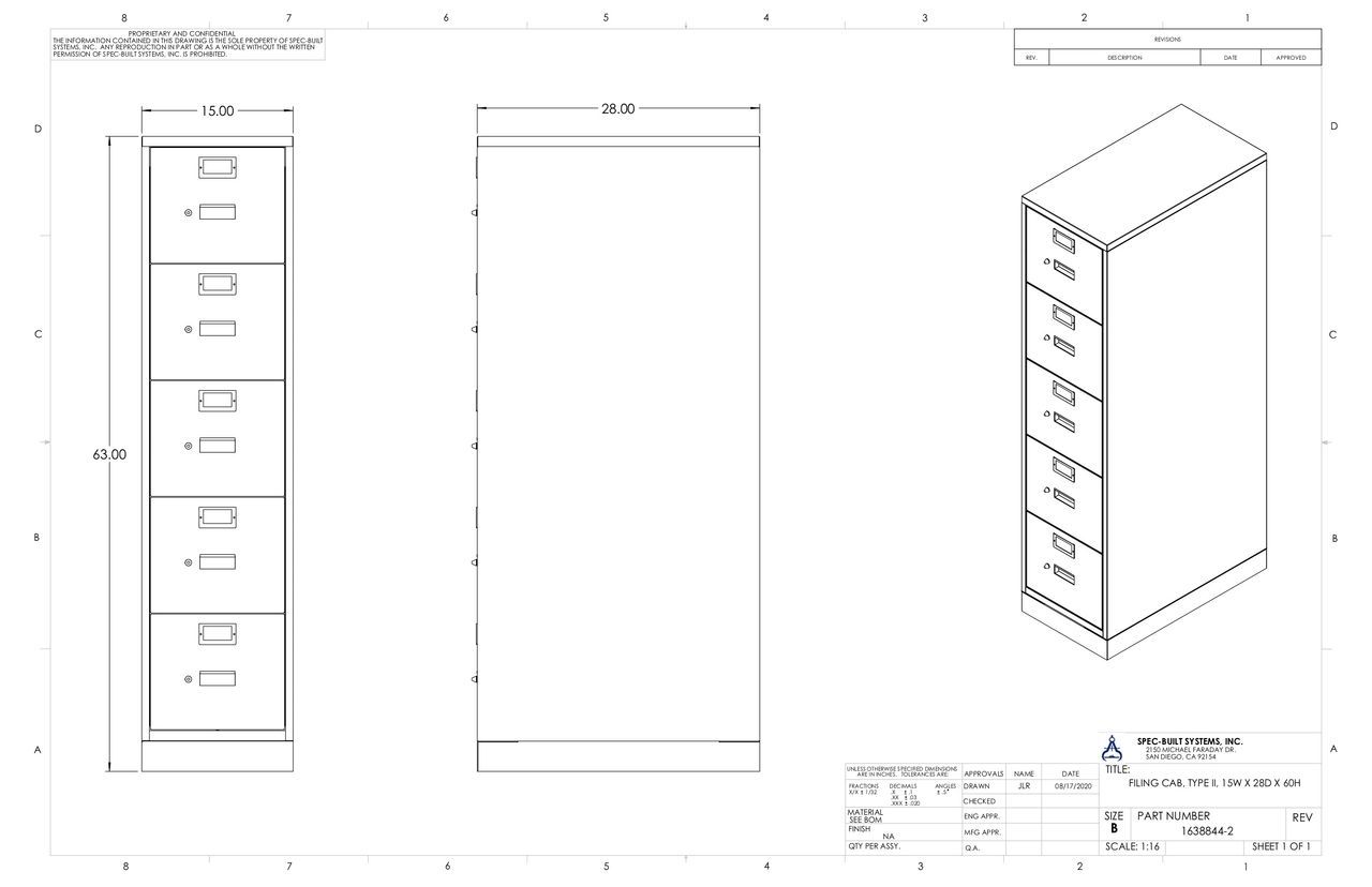 A technical drawing of a six-drawer filing cabinet, shown from the front, side, and an isometric view. Dimensions are labeled.
