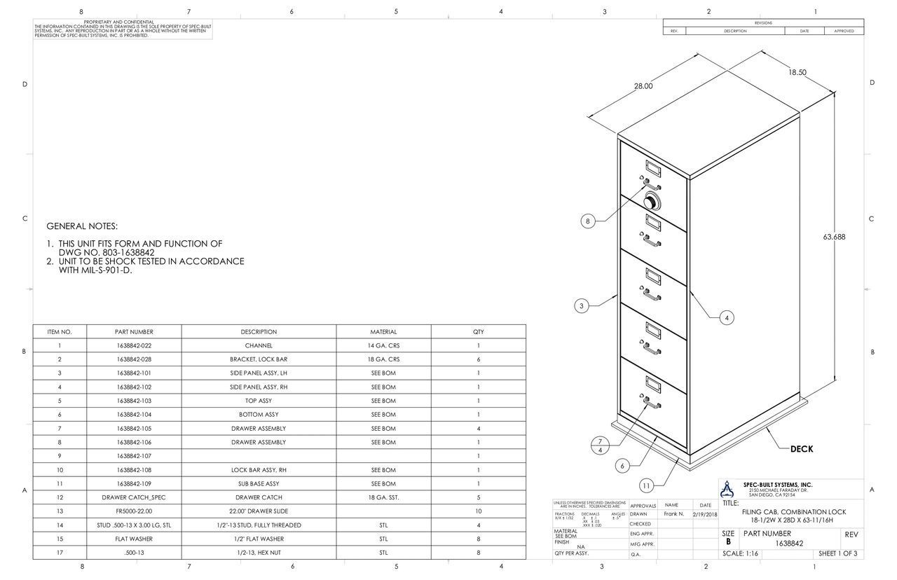 A technical drawing of a six-drawer filing cabinet with labeled components and a material list.