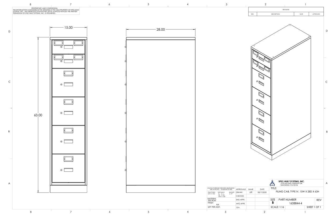 A blueprint of a tall, vertical file cabinet. It shows front, side, and isometric views with dimensions and labeling.