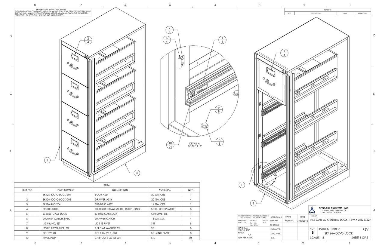 An engineering blueprint of a vertical filing cabinet, showing various views including an exploded view and a parts list table.