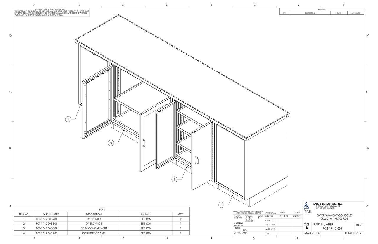 Isometric view of an open cabinet showing shelves, drawers, and an opening for a keyboard. A parts list is in the bottom left.
