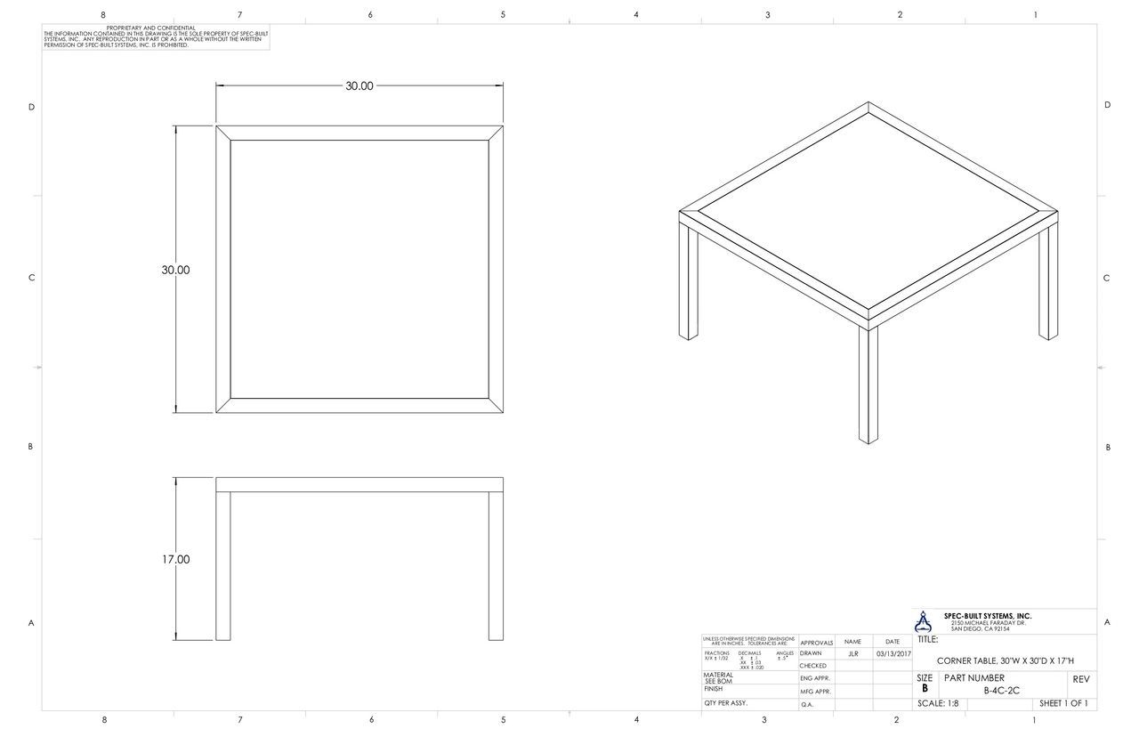 Diagram of a square table frame, showing dimensions from multiple perspectives. Side, top, and isometric views.