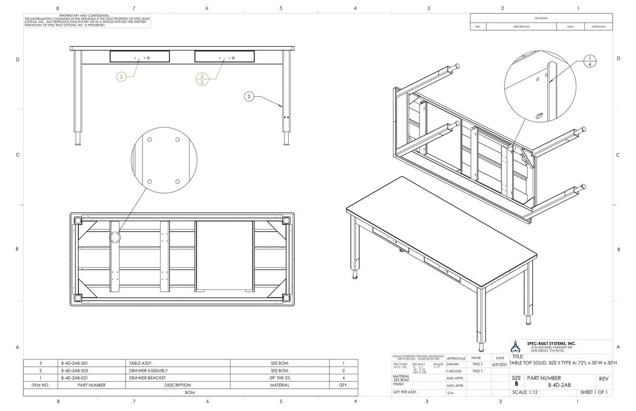 Blueprint of a wooden table, showing multiple views including top, front, and exploded perspectives, detailing construction and design.