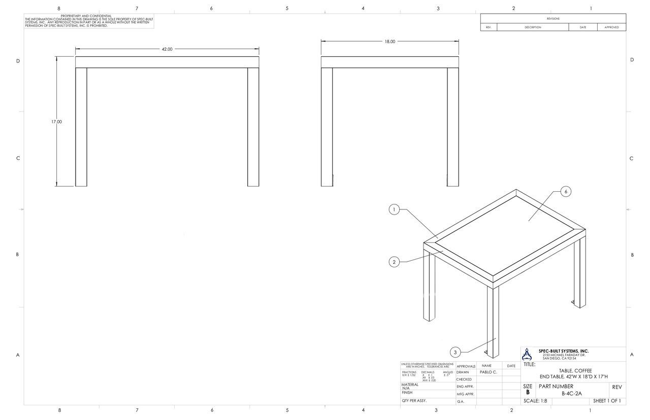 Blueprint of a table, with side and top view and an isometric projection. Dimensions are indicated.