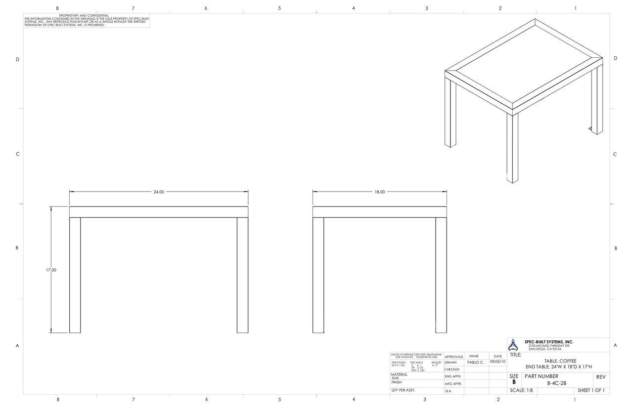 A technical drawing of a table showing different views: an isometric view and two side profile views with dimensions.