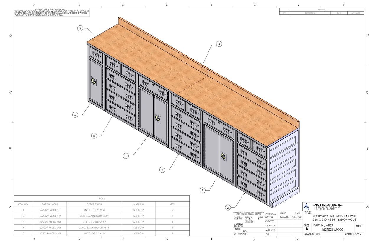 Isometric drawing of a long workstation with drawers, cabinets, and a wooden countertop. It is on a white background.