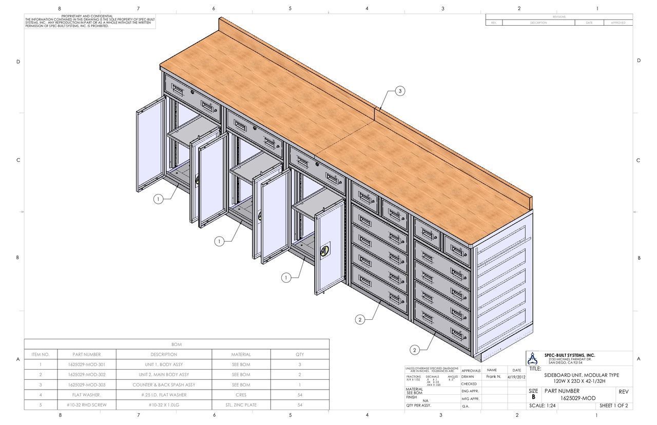 Isometric drawing of a long cabinet with multiple doors and drawers, topped with a wooden surface. Some doors are open.