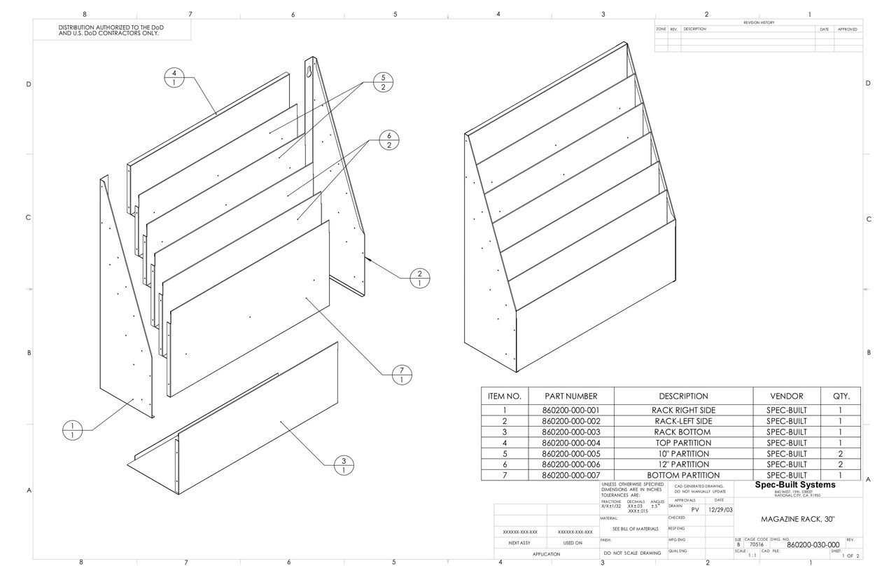 An exploded diagram of a tiered display rack, showing the components and dimensions.