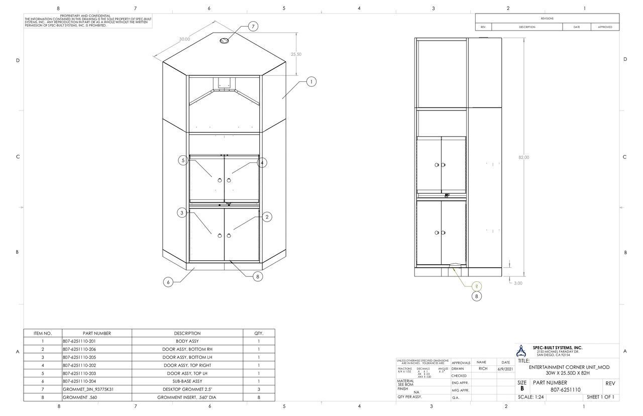 Technical drawing of a corner cabinet showing front and side elevations with dimensions, material list, and company logo.