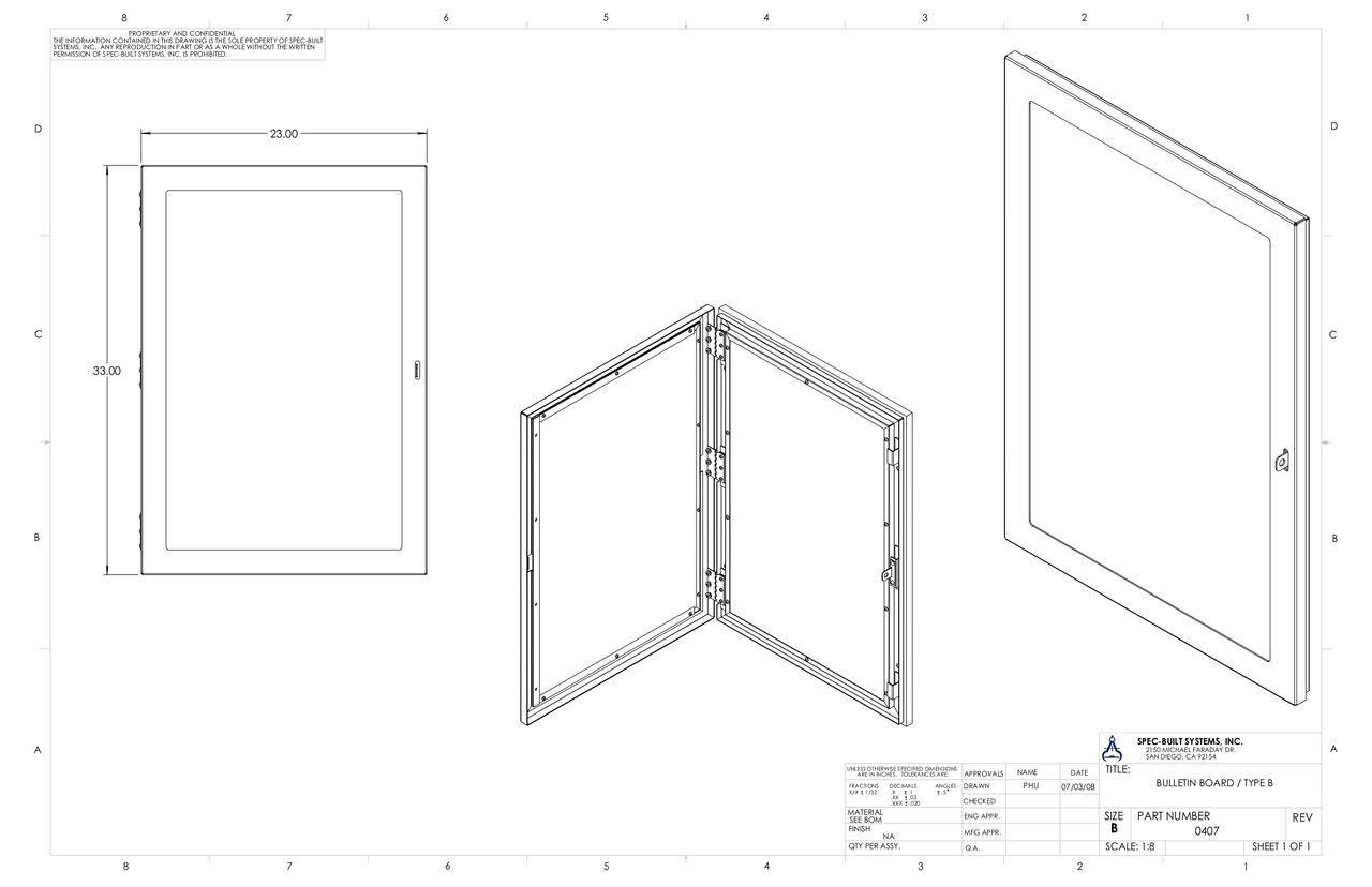 Technical drawing of a framed cabinet door, showing front, open, and isometric views. Includes dimensions and specifications.