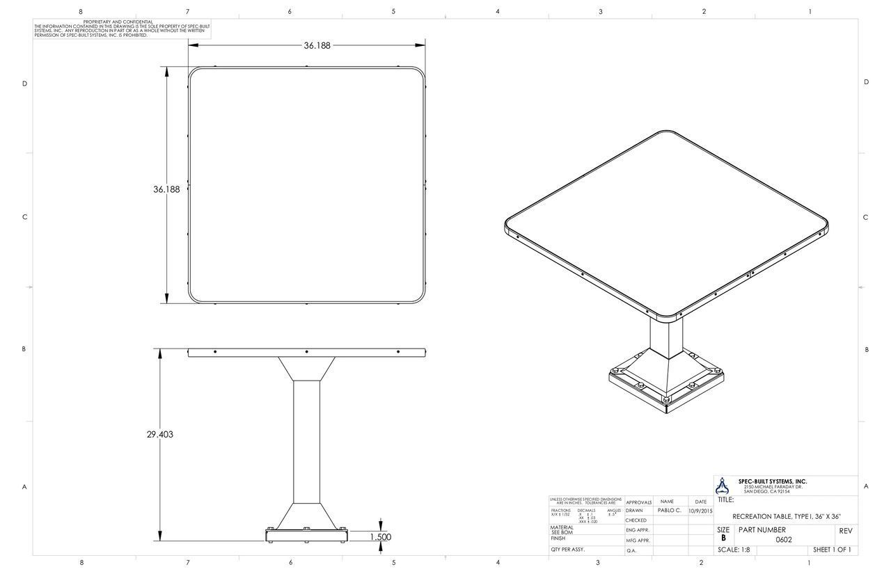 A technical drawing of a square table with a pedestal base, showing top, side, and isometric views with dimensions labeled.