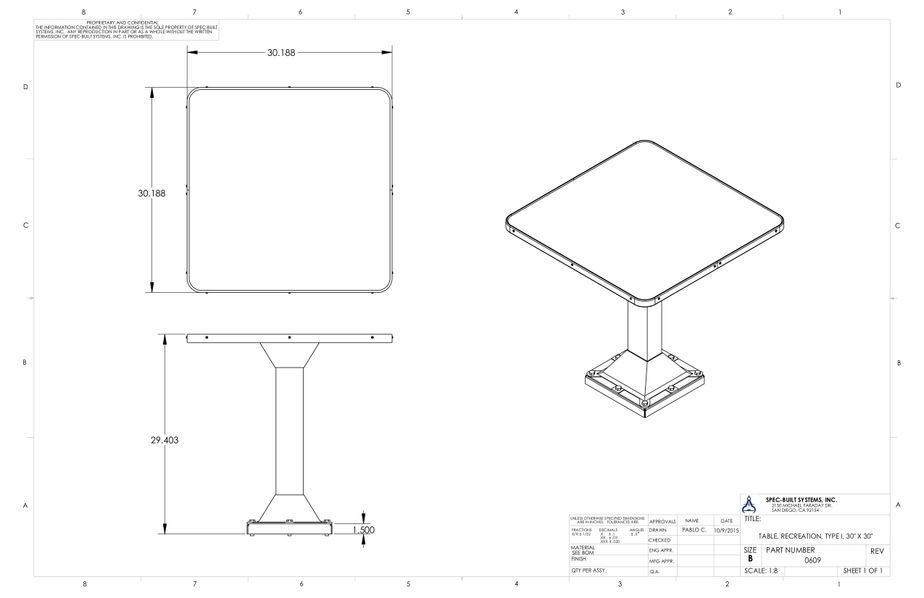 Diagram of a square table with a pedestal base and dimensions labeled in inches.