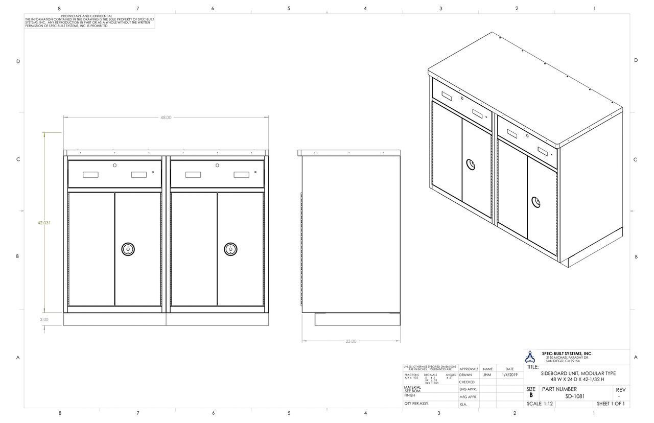 Technical drawing of a cabinet, showing front, side, and isometric views. It has drawers, doors, and handles.
