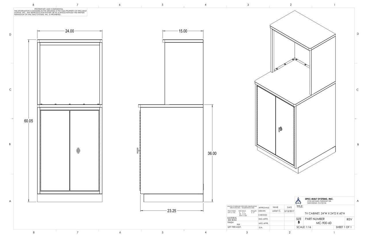 Three-view technical drawing of a cabinet, including front, side, and isometric views, with dimensions in inches.