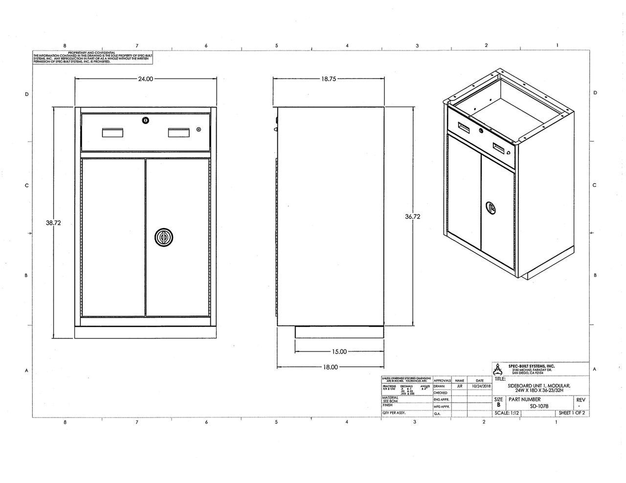 Blueprint of a metal cabinet with a drawer and two doors, showing front, side, and isometric views with dimensions labeled in black.