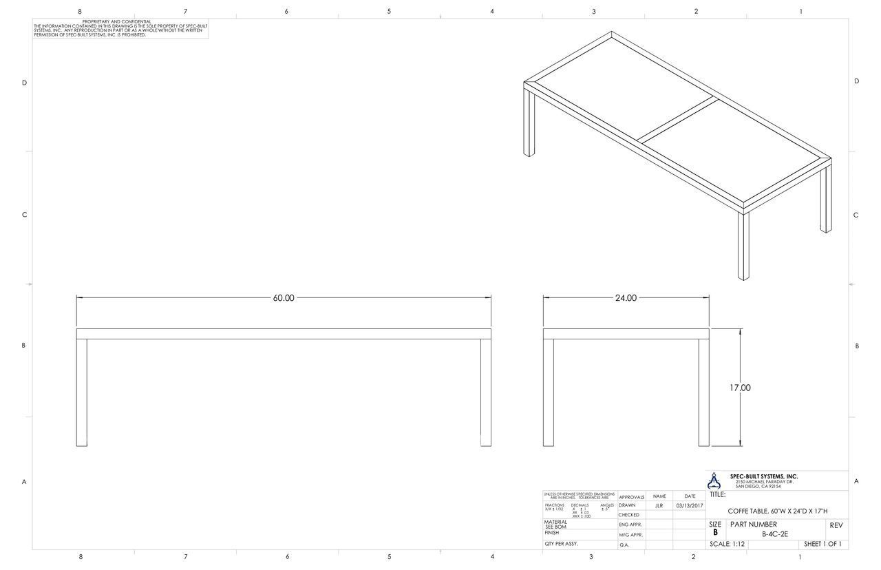 Diagram of a rectangular table frame with dimensions labeled, including an isometric view.